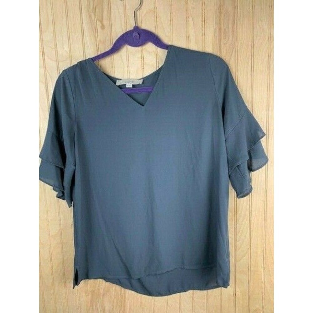 Loft XS Womans Top Deep Charcoal Gray 1/2 Sleeve Ruffle V Neck